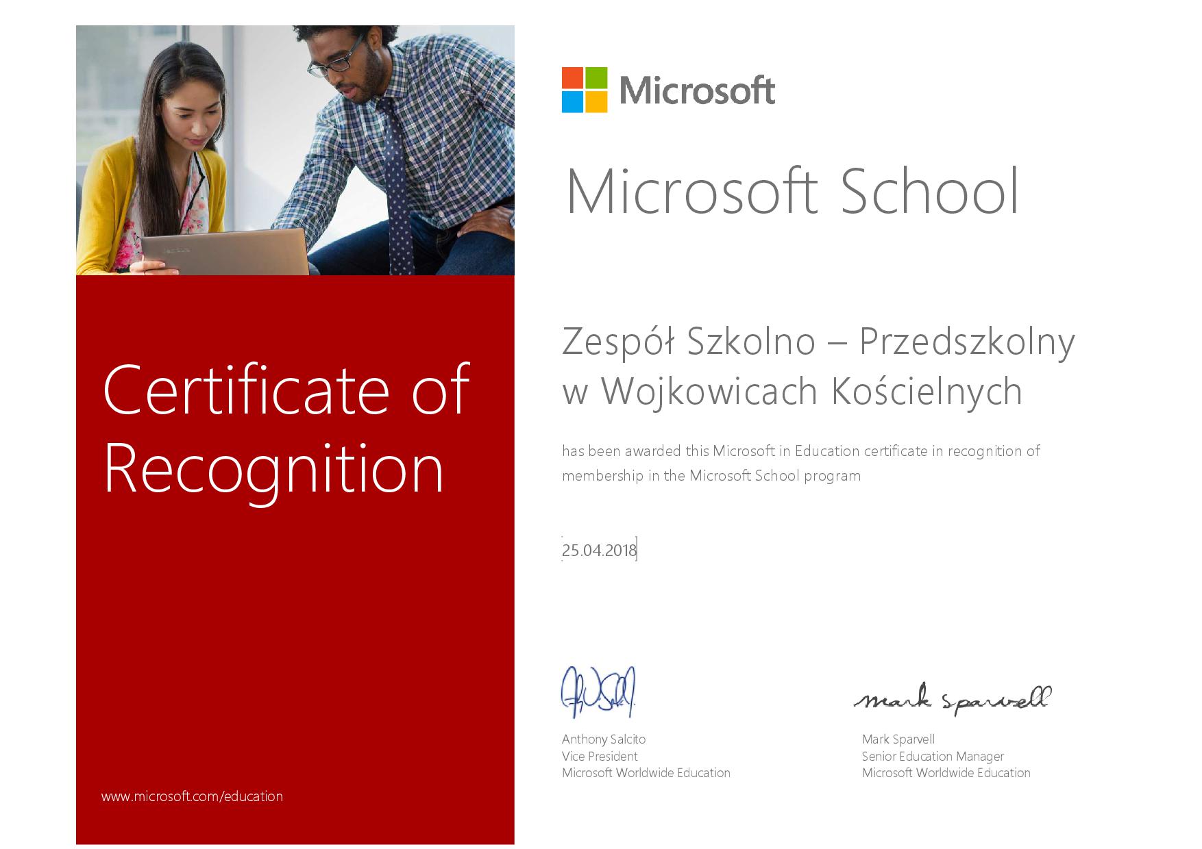 certfikat Microsoft School / Szkoła w Chmurze Microsoft